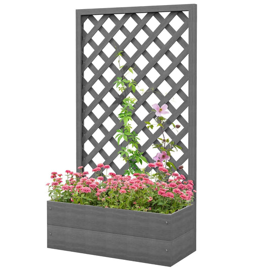 Grey wood raised garden bed planter with lattice trellis and pink flowers