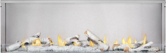 Outdoor gas fireplace with burning logs and yellow flames behind the glass front.