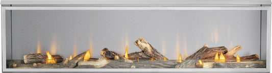 Outdoor gas fireplace burner with glowing flames and log set in silver frame