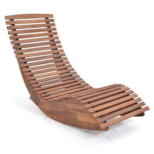 Acacia wood rocking chair with high slatted back and slatted seat, curved base