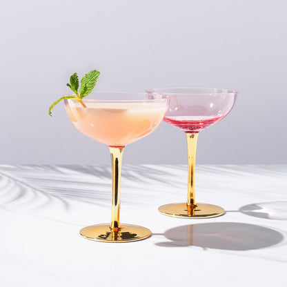 Deco Champagne Coupe Cocktail Glassware, Pink, Set of 2