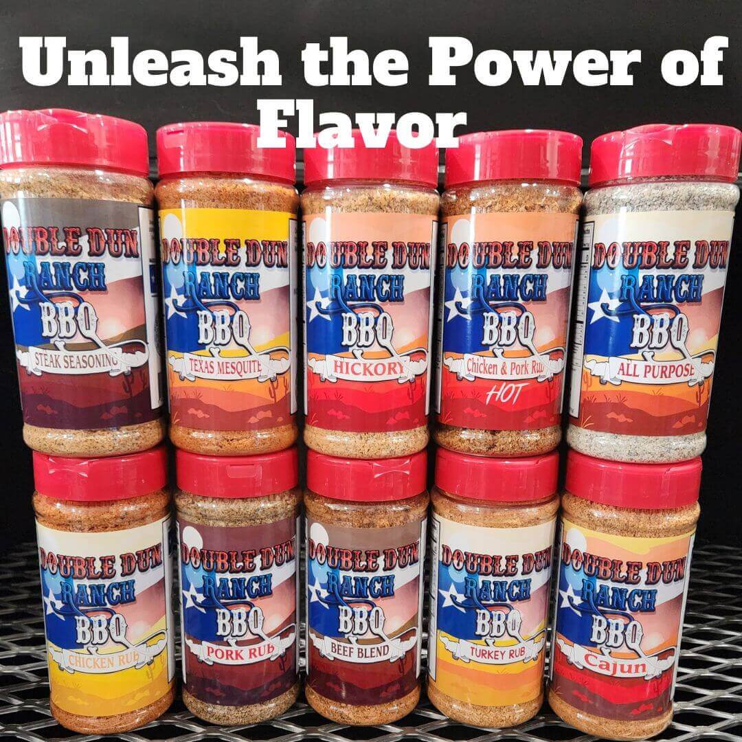 Assorted BBQ rub seasoning bottles with red caps: steak, hickory, hot, all purpose, cajun