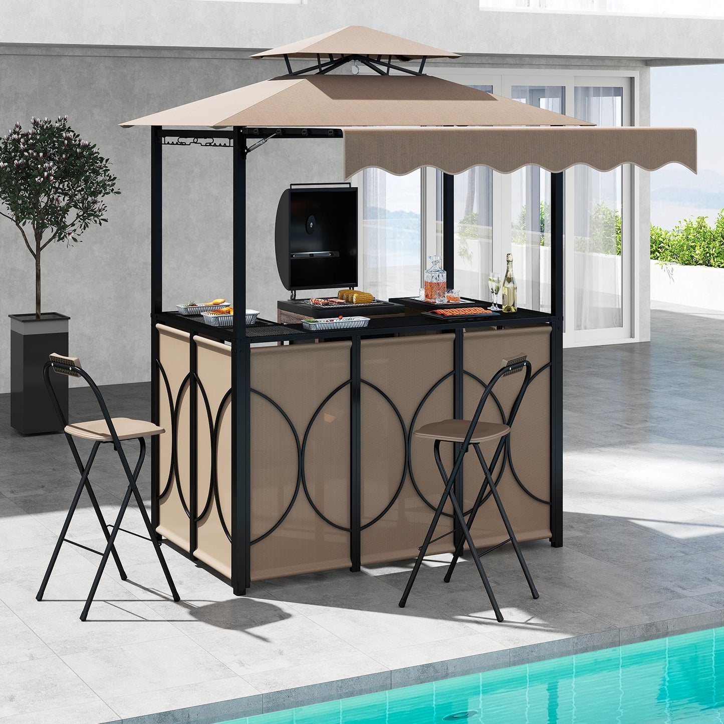 3-Piece Grill Gazebo with Side Awning – Double-Tier BBQ Canopy with Bar Table & 2 Folding Chairs