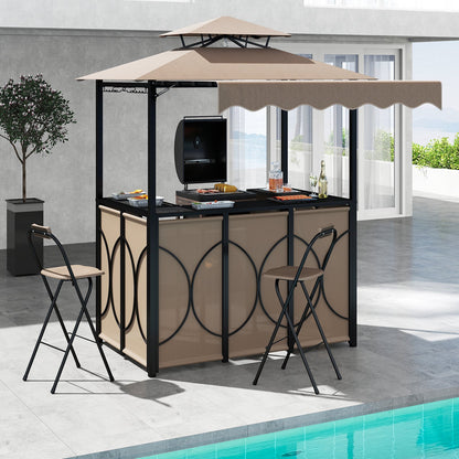 3-Piece Grill Gazebo with Side Awning – Double-Tier BBQ Canopy with Bar Table & 2 Folding Chairs