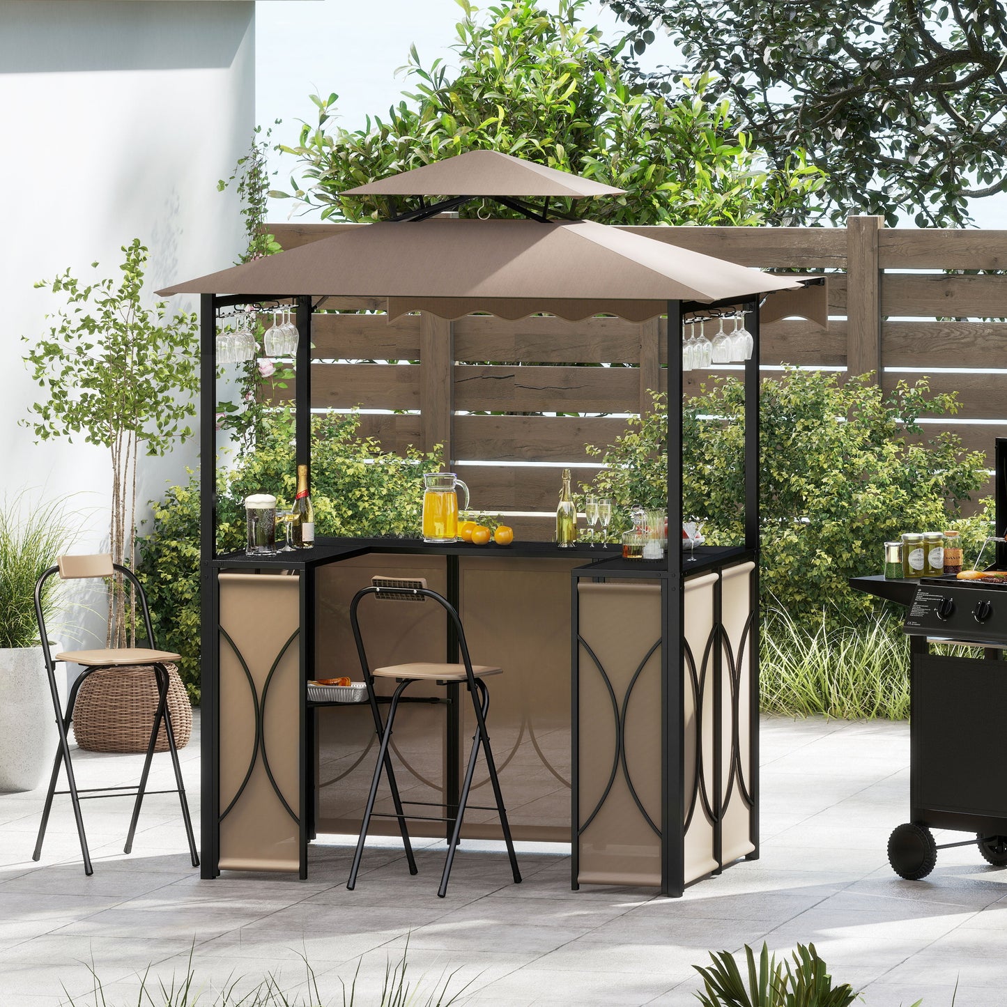 3-Piece Grill Gazebo with Side Awning – Double-Tier BBQ Canopy with Bar Table & 2 Folding Chairs