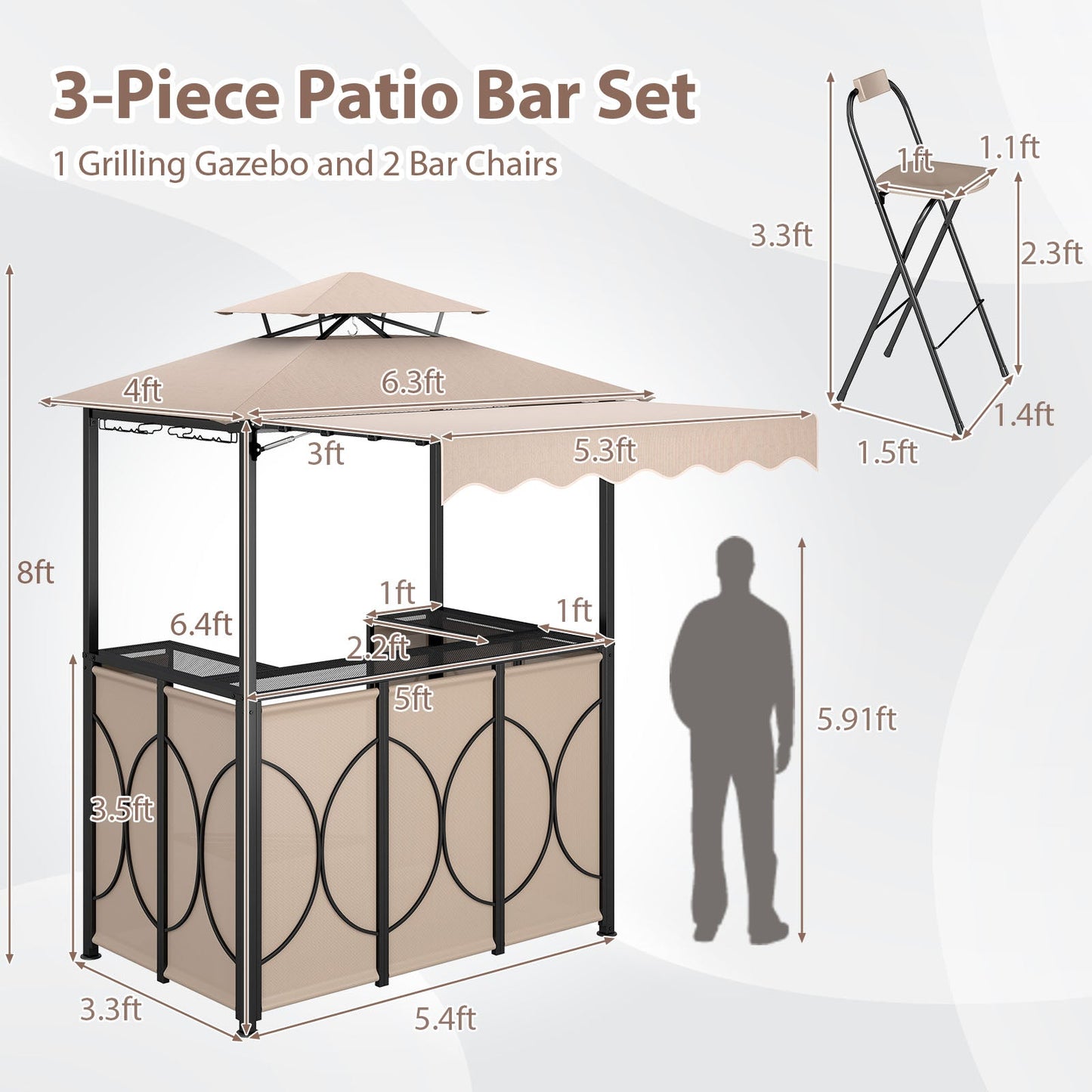 3-Piece Grill Gazebo with Side Awning – Double-Tier BBQ Canopy with Bar Table & 2 Folding Chairs