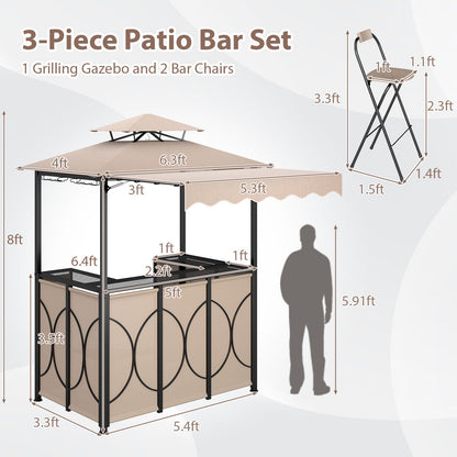 3-Piece Grill Gazebo with Side Awning – Double-Tier BBQ Canopy with Bar Table & 2 Folding Chairs