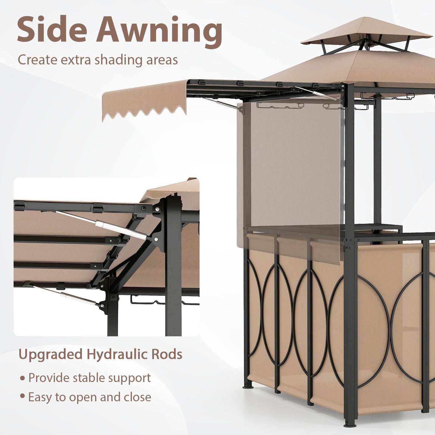 3-Piece Grill Gazebo with Side Awning – Double-Tier BBQ Canopy with Bar Table & 2 Folding Chairs