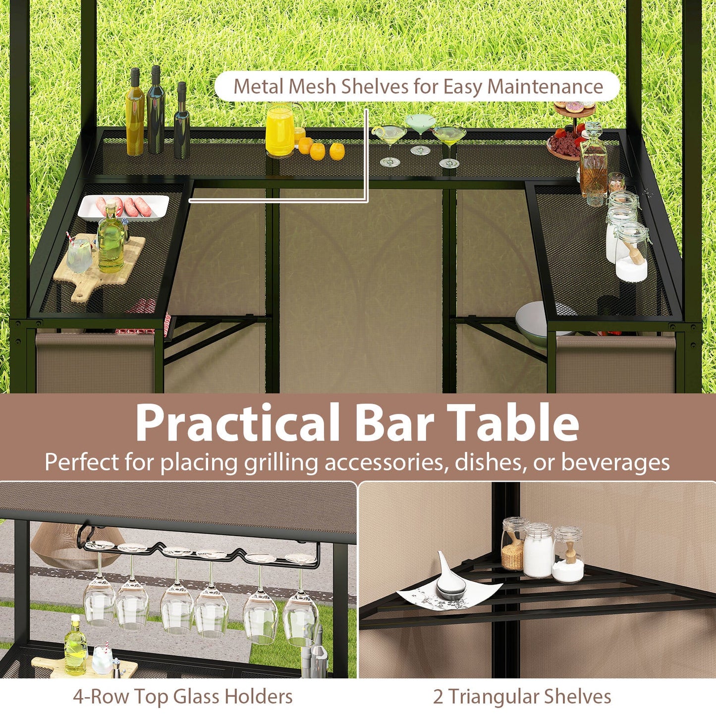 3-Piece Grill Gazebo with Side Awning – Double-Tier BBQ Canopy with Bar Table & 2 Folding Chairs