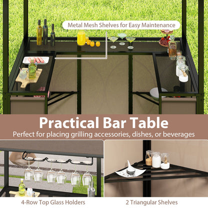 3-Piece Grill Gazebo with Side Awning – Double-Tier BBQ Canopy with Bar Table & 2 Folding Chairs
