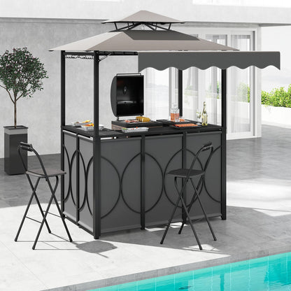 3-Piece Grill Gazebo with Side Awning – Double-Tier BBQ Canopy with Bar Table & 2 Folding Chairs