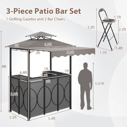 3-Piece Grill Gazebo with Side Awning – Double-Tier BBQ Canopy with Bar Table & 2 Folding Chairs