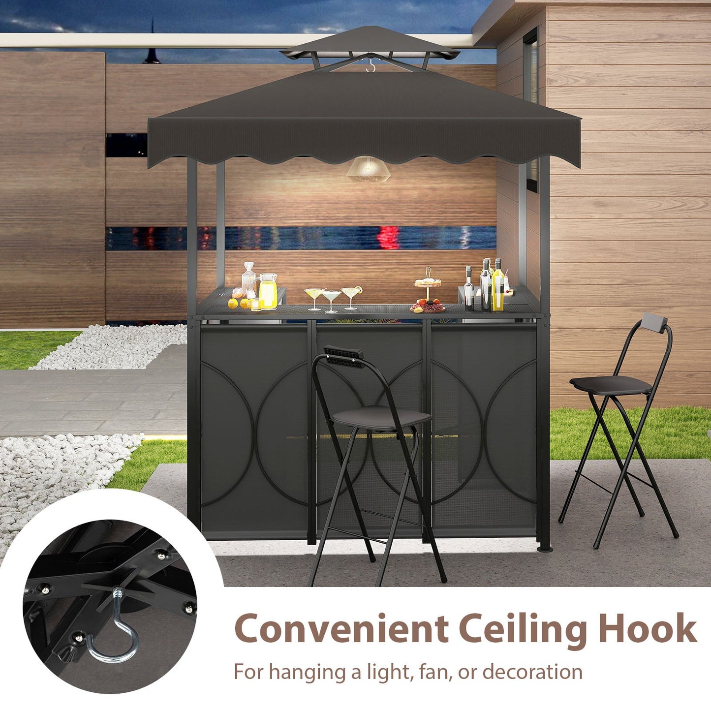 3-Piece Grill Gazebo with Side Awning – Double-Tier BBQ Canopy with Bar Table & 2 Folding Chairs