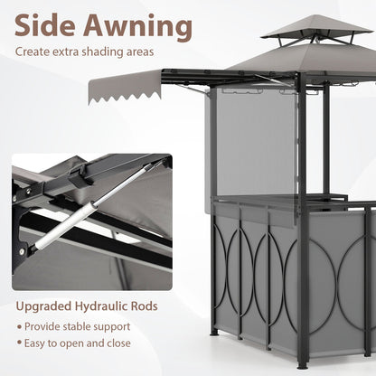 3-Piece Grill Gazebo with Side Awning – Double-Tier BBQ Canopy with Bar Table & 2 Folding Chairs