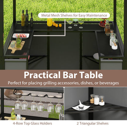 3-Piece Grill Gazebo with Side Awning – Double-Tier BBQ Canopy with Bar Table & 2 Folding Chairs