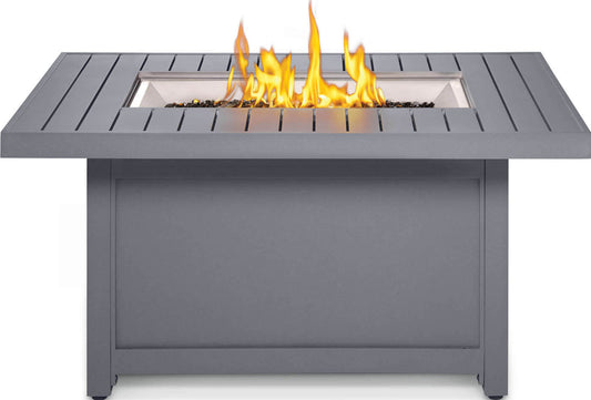 Rectangular outdoor fire pit table with open flame in center burner tray