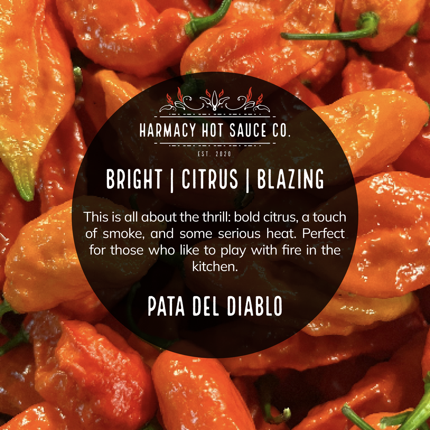 Hot sauce label: Bright Citrus Blazing, Pata del Diablo smoky citrus blend.