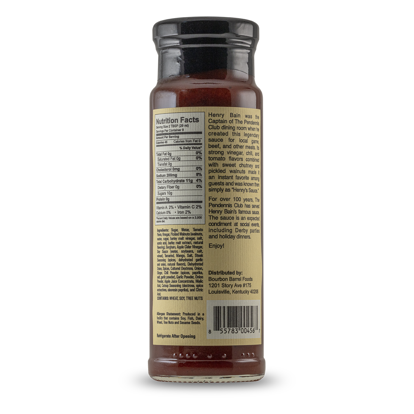 Henry Bain's sauce bottle back label with nutrition facts and black cap