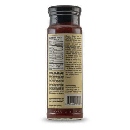 Henry Bain's sauce bottle back label with nutrition facts and black cap