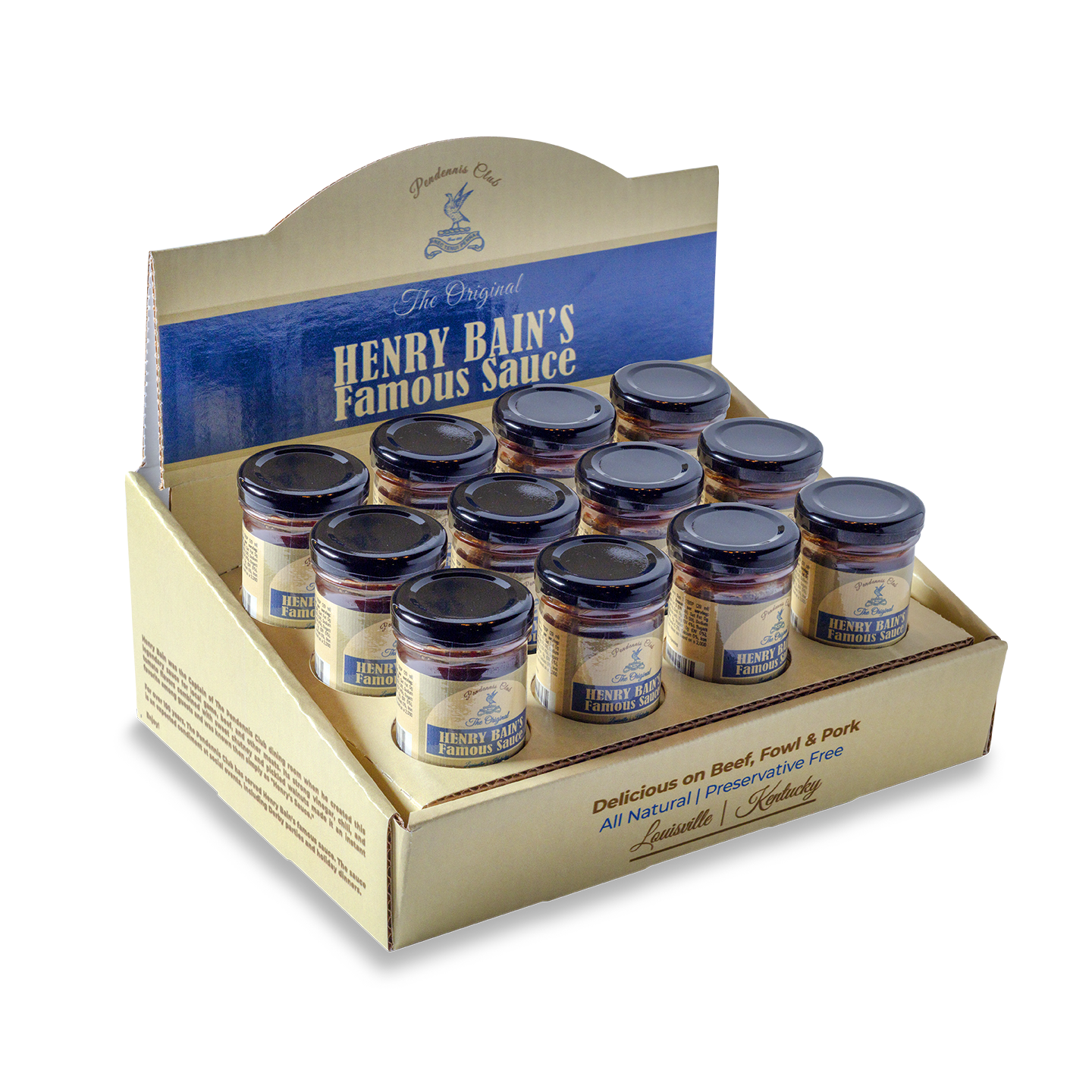 Box of Henry Bain's famous sauce bottles with multiple small jars