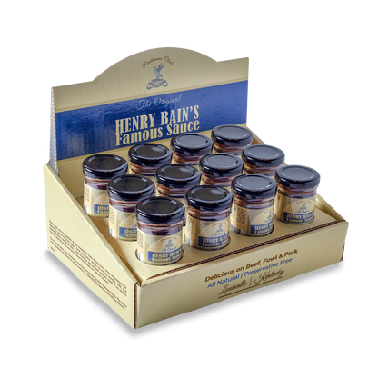 Box of Henry Bain's famous sauce bottles with multiple small jars