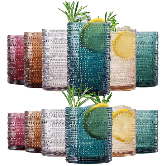 Acrylic hobnail lowball and highball glassware set of 12, assorted colored cups