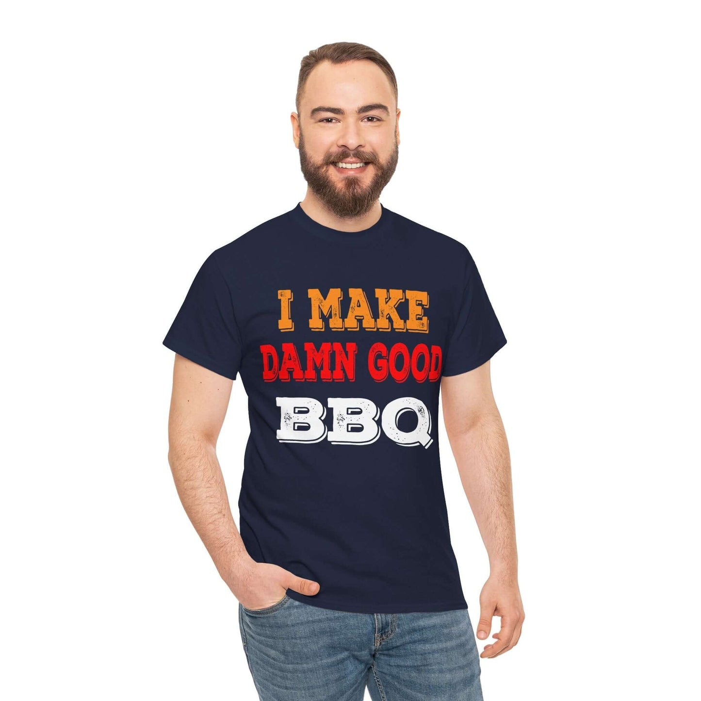Navy BBQ graphic T-shirt with 'I MAKE DAMN GOOD' and 'BBQ' text print