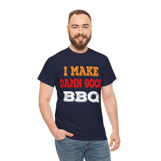 Navy BBQ graphic T-shirt with 'I MAKE DAMN GOOD' and 'BBQ' text print