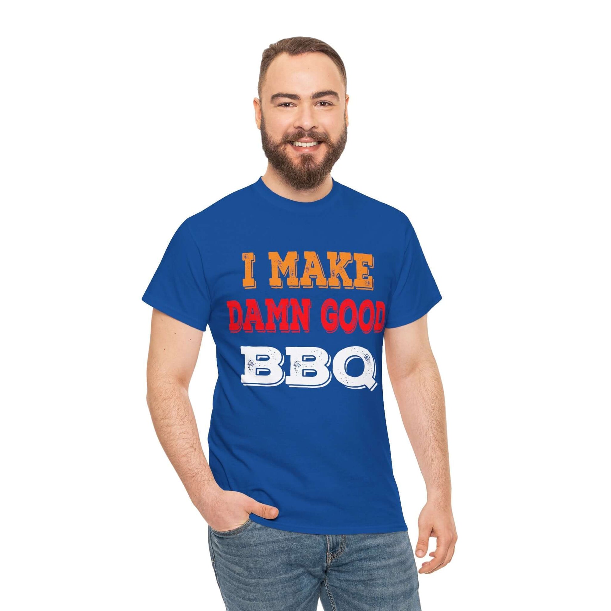 Royal blue BBQ graphic T-shirt with 'I MAKE DAMN GOOD' and 'BBQ' text print