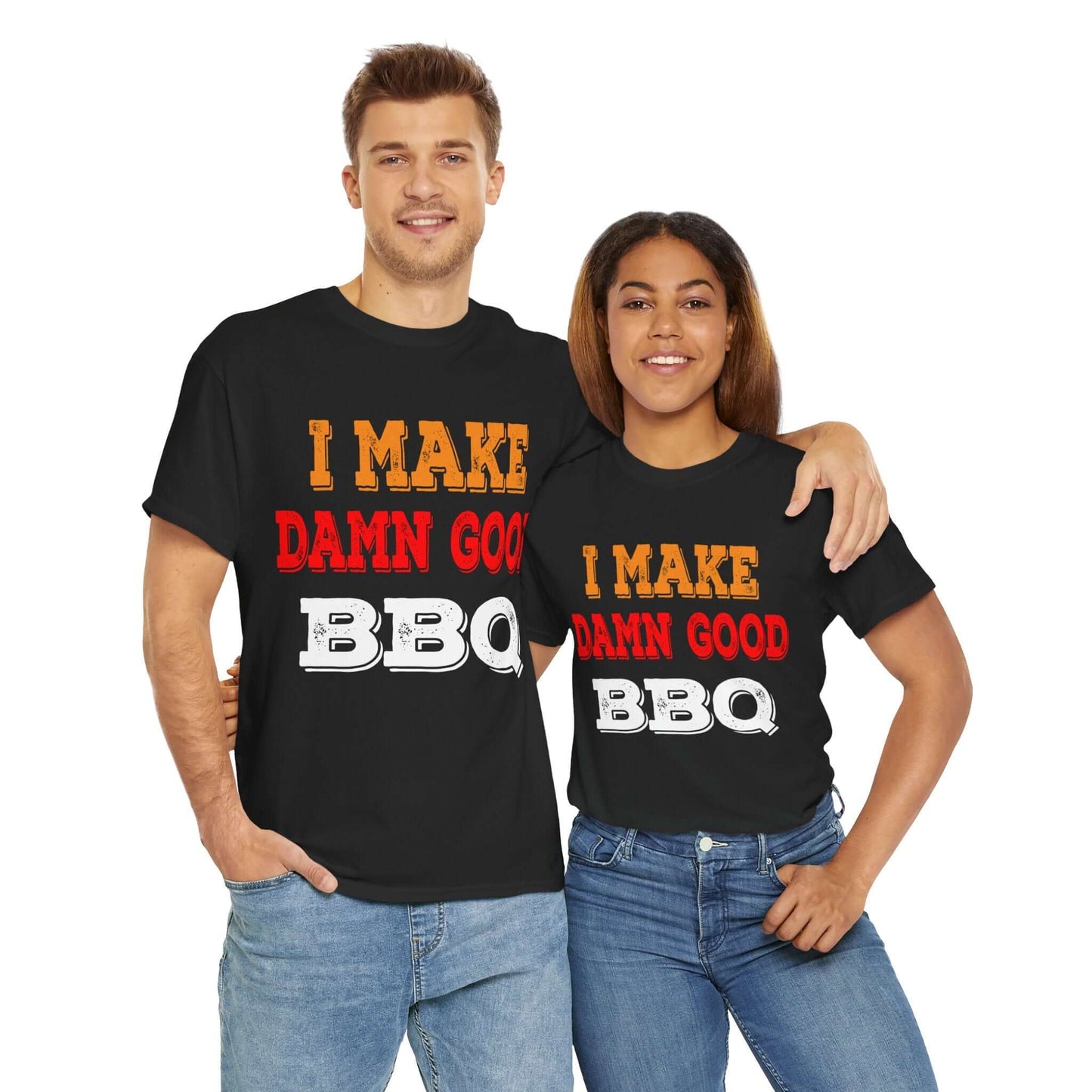 Black crewneck BBQ T-shirt with 'I MAKE DAMN GOOD BBQ' front graphic