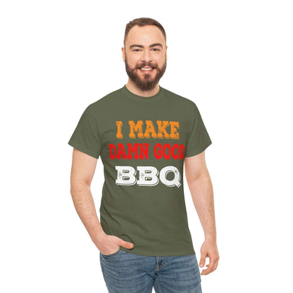 Military green BBQ graphic T-shirt with 'I MAKE DAMN GOOD' and 'BBQ' text print