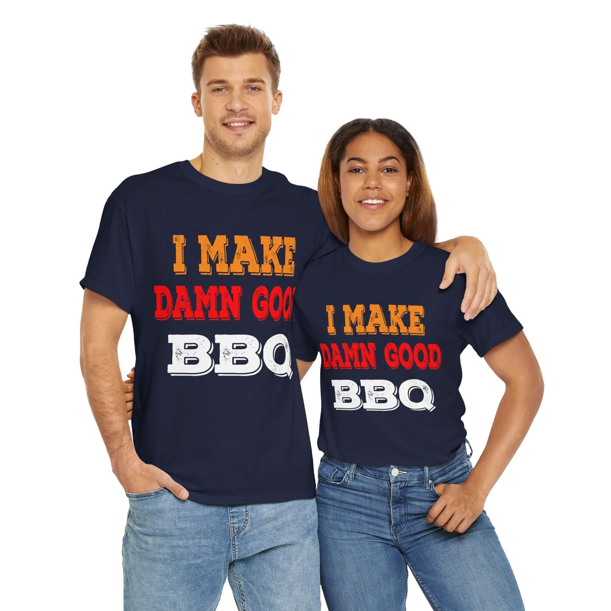 Navy BBQ graphic T-shirts on two people with 'I MAKE DAMN GOOD' and 'BBQ' print