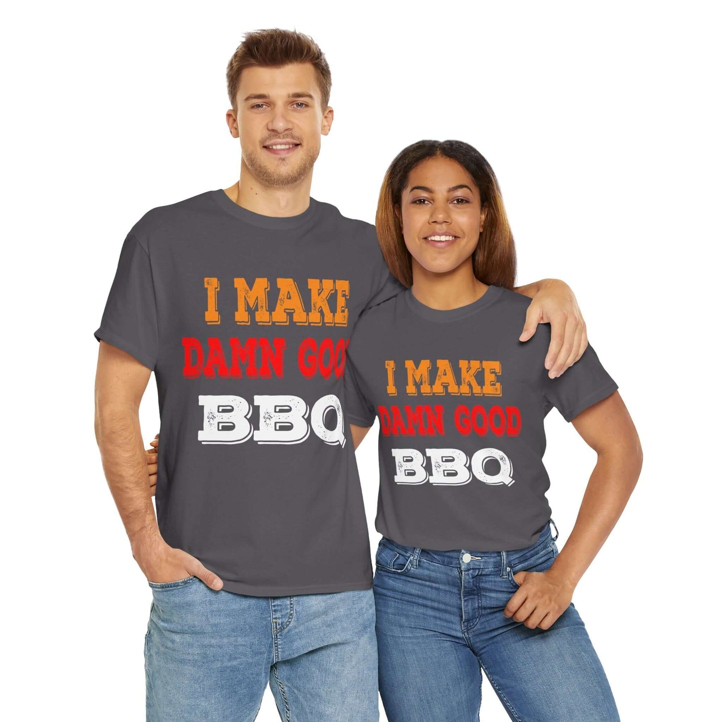Charcoal BBQ graphic T-shirts on two people with 'I MAKE DAMN GOOD' and 'BBQ' print