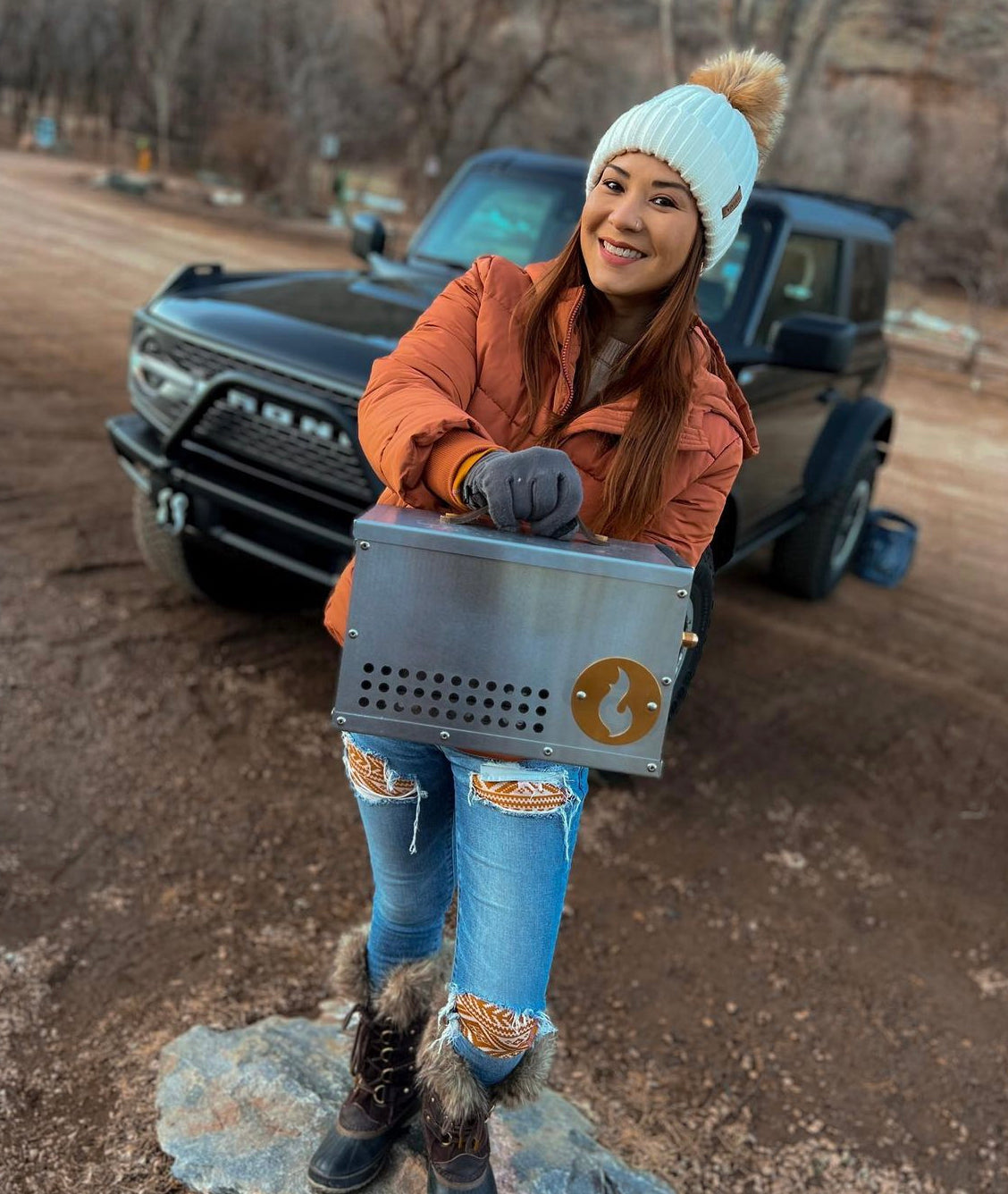 Outdoor campfire kitchen metal firebox with flame emblem and carry handles
