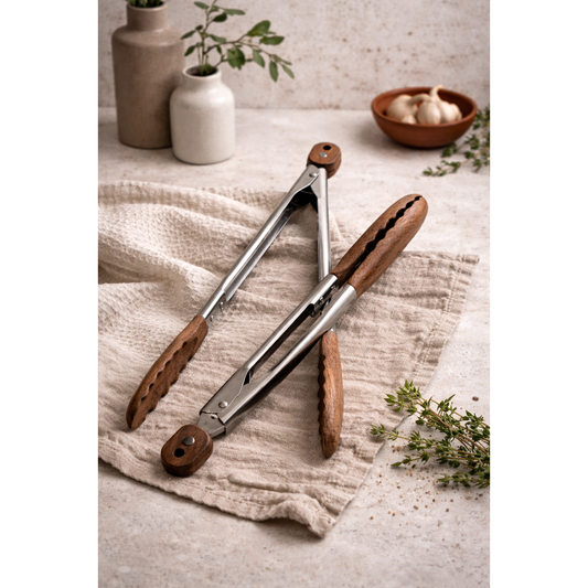 Acacia Wood Kitchen Tongs – 12" & 15" Set with Stainless Steel Handles