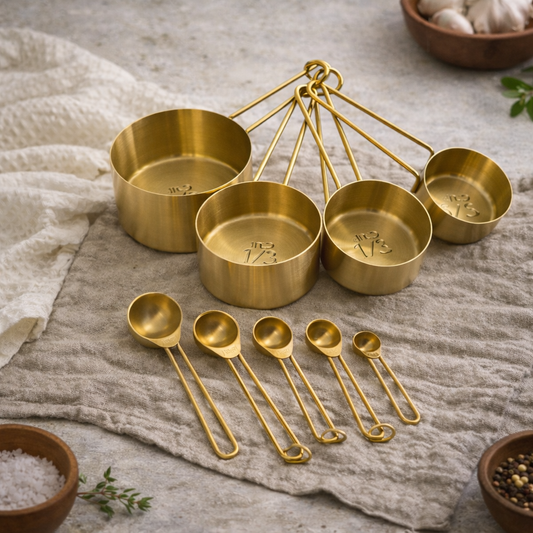 Gold measuring cups and spoons set with metal handles and stacked cup sizes
