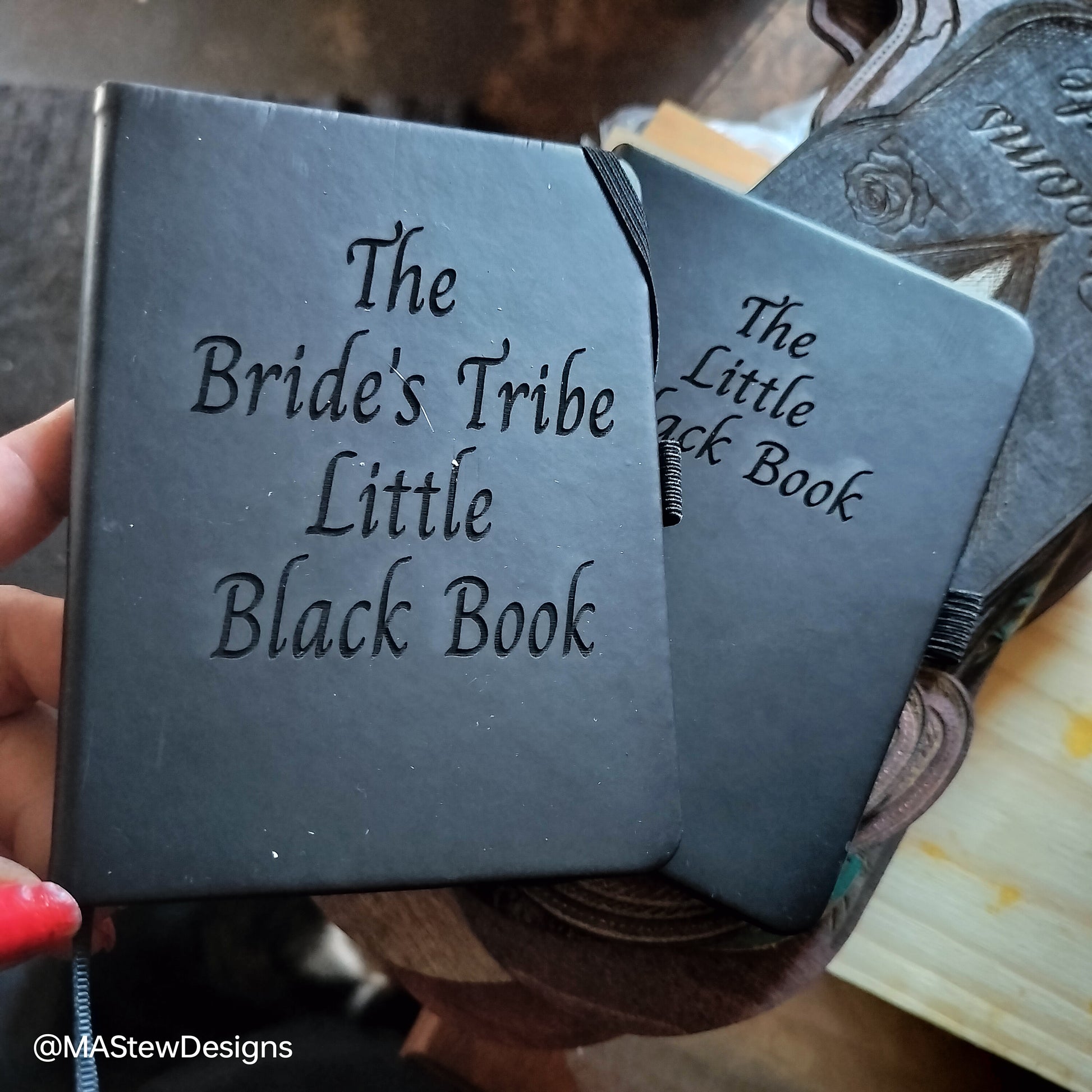 Engraved keepsake notebook, gray cover with 'The Bride's Tribe Little Black Book'