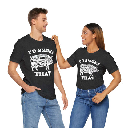 Dark gray BBQ T-shirt with "I'D SMOKE THAT" pig graphic front