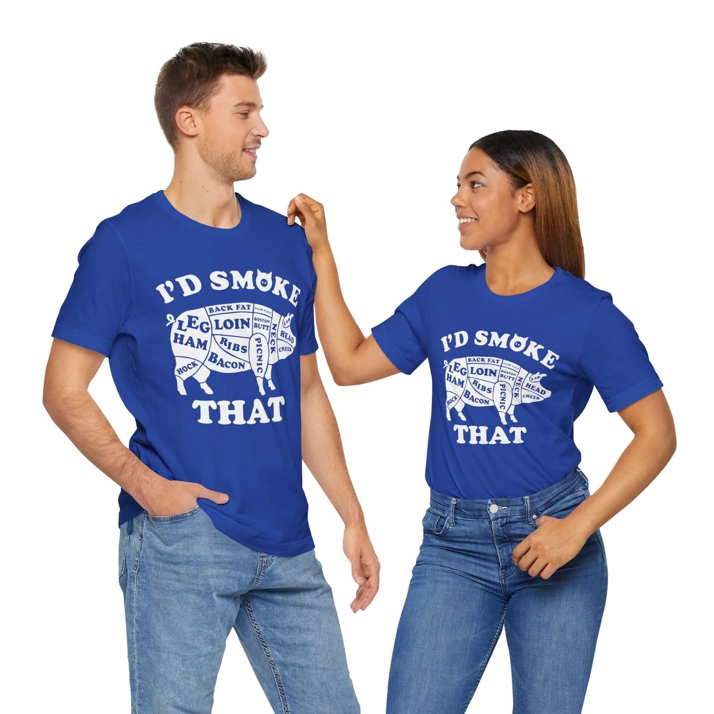 Blue BBQ T-shirt with "I'D SMOKE THAT" pig graphic front
