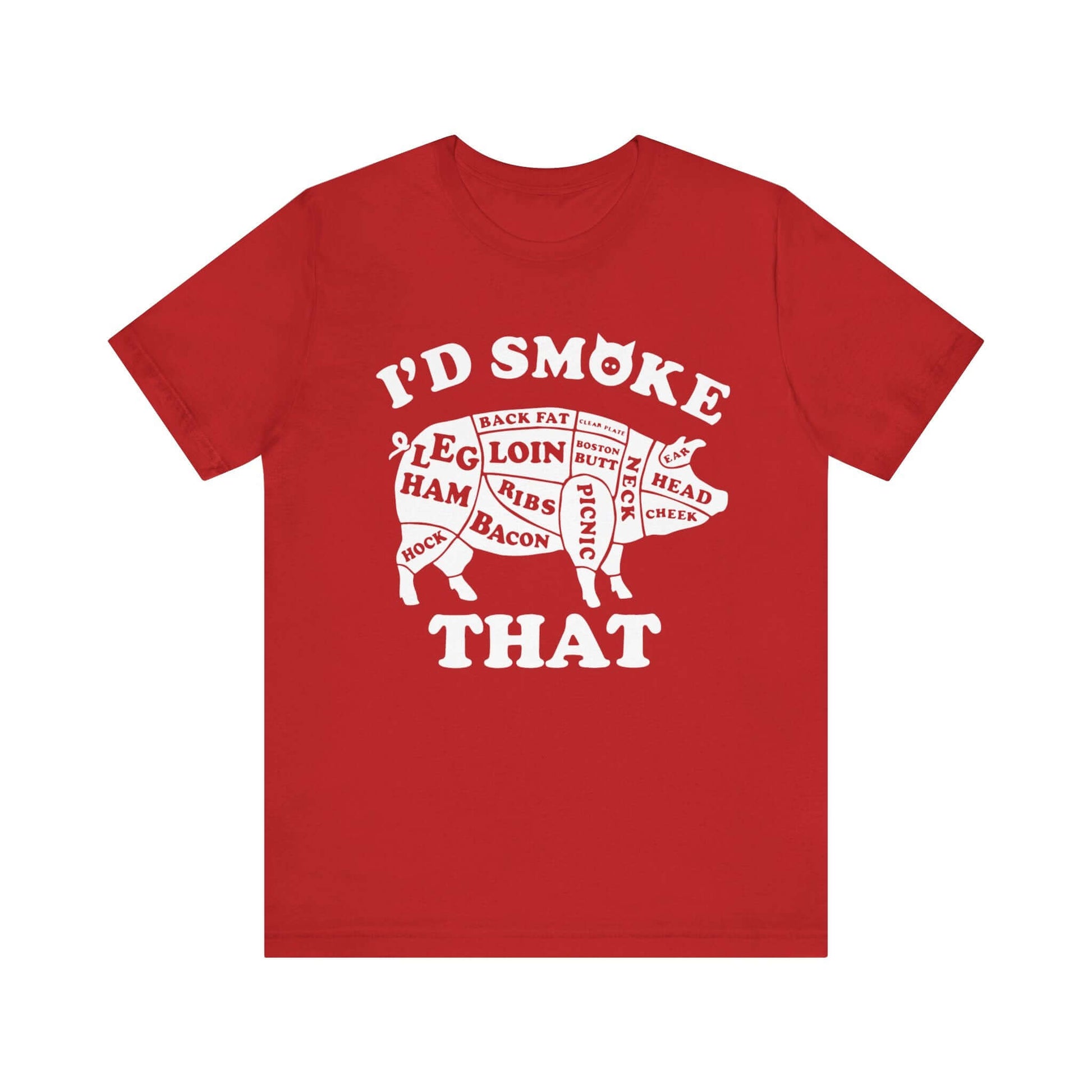 Red BBQ T-shirt with white "I'd Smoke That" pig graphic