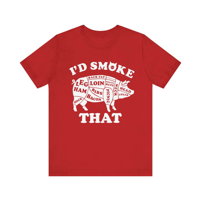 Red BBQ T-shirt with white "I'd Smoke That" pig graphic