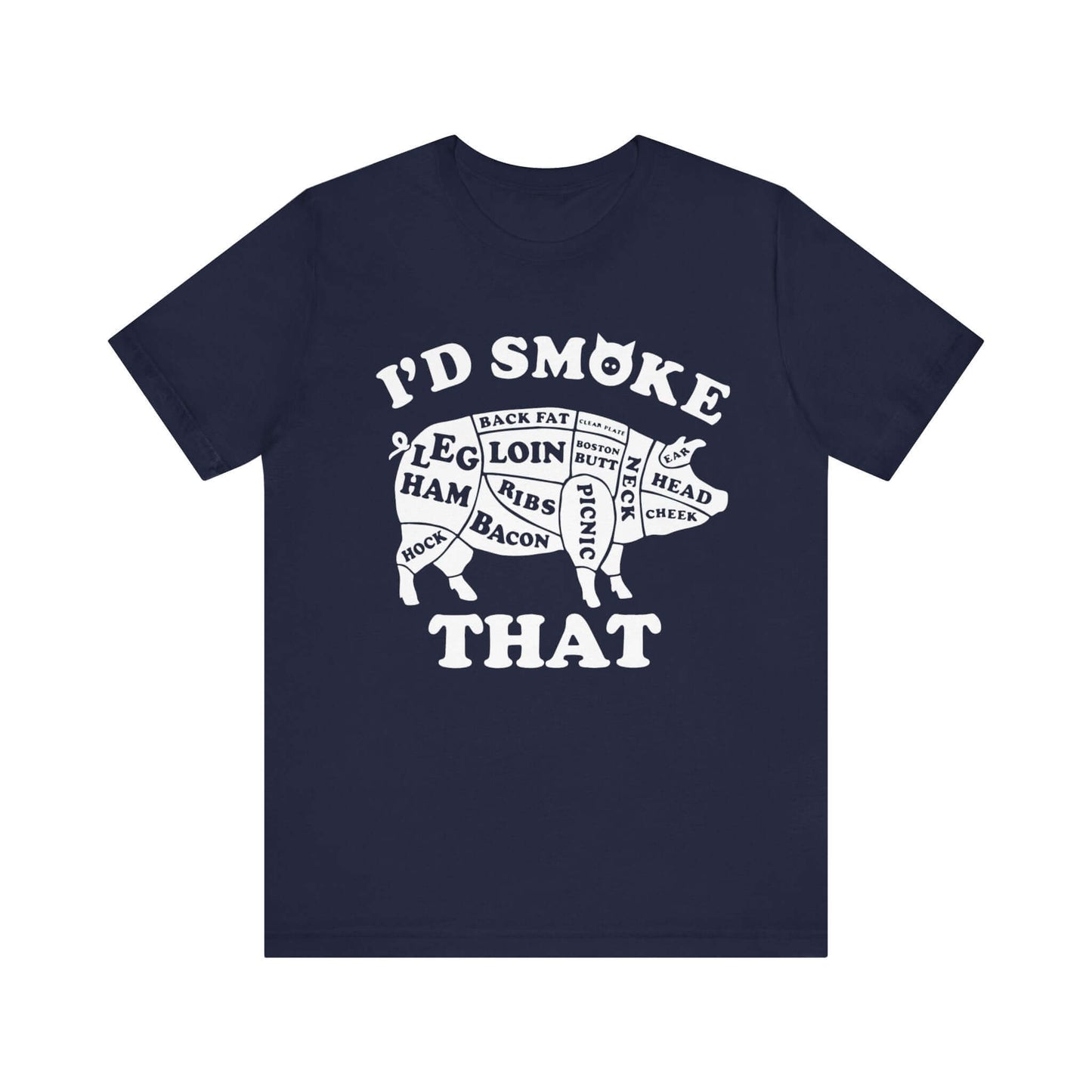 Navy BBQ T-shirt with white "I'd Smoke That" pig graphic