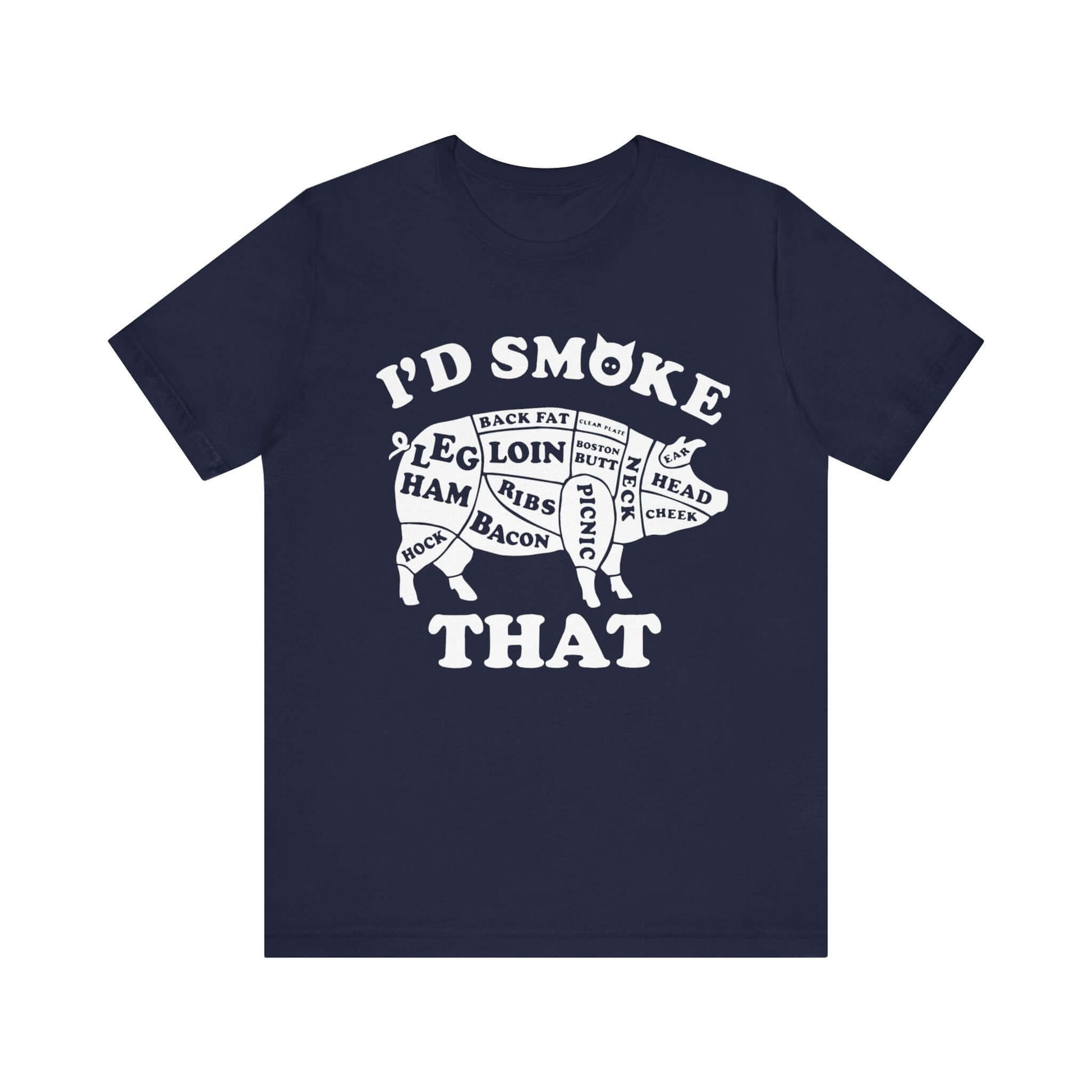 Navy BBQ T-shirt with white "I'd Smoke That" pig graphic