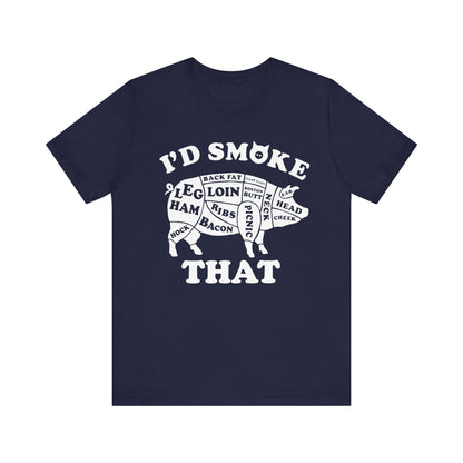Navy BBQ T-shirt with white "I'd Smoke That" pig graphic