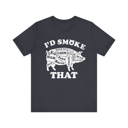 Dark grey heather BBQ T-shirt with white "I'd Smoke That" pig graphic