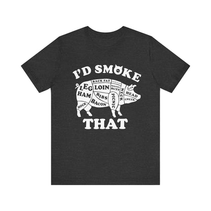 Black BBQ T-shirt with white "I'd Smoke That" pig graphic
