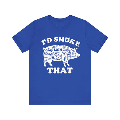 Royal blue BBQ T-shirt with "I'D SMOKE THAT" pig graphic on front