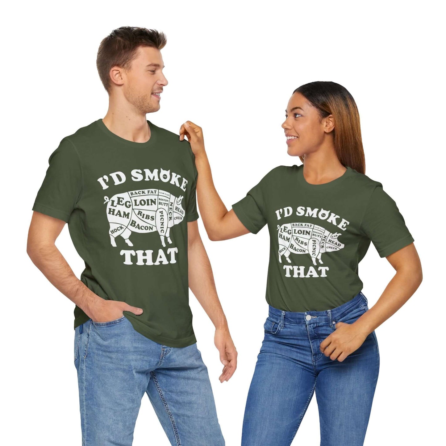 Olive green BBQ T-shirt with "I'D SMOKE THAT" pig graphic front