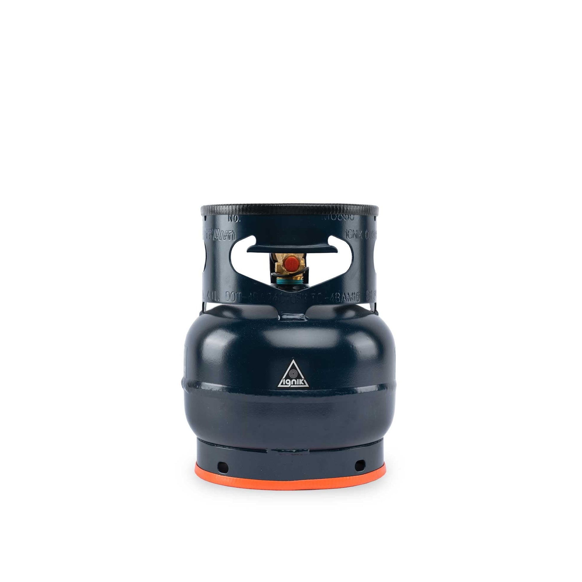 Black gas growler canister with orange base ring and valve collar