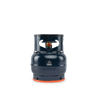 Black gas growler canister with orange base ring and valve collar